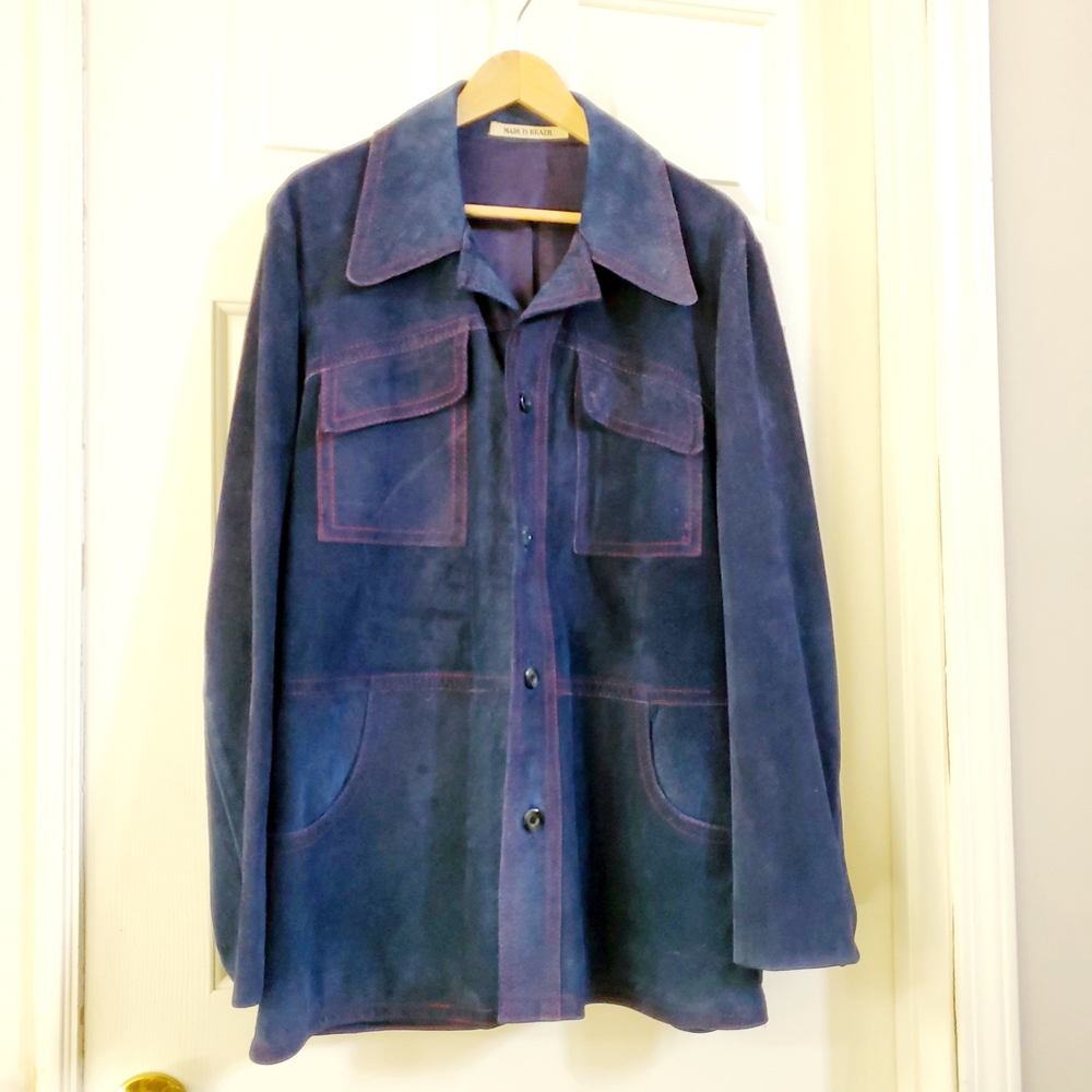 William Barry Navy Blue Suede Men's Sport Coat with Red Stitching Vintage 1970's